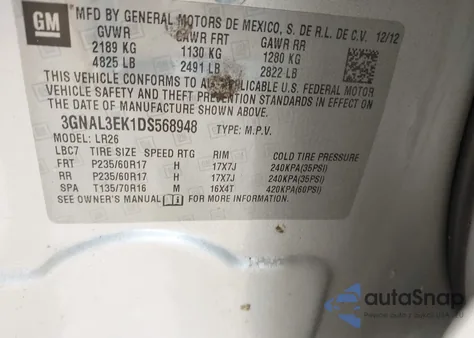 2013 Chevrolet Captiva Sport Lt from USA, damaged, VIN 3GNAL3EK1DS568948